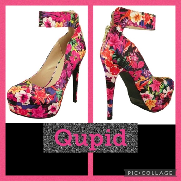 Qupid Sanity 04 Pink Multi Floral Print Ankle Strap Zip Up Back Stiletto Pumps - Picture 2 of 15